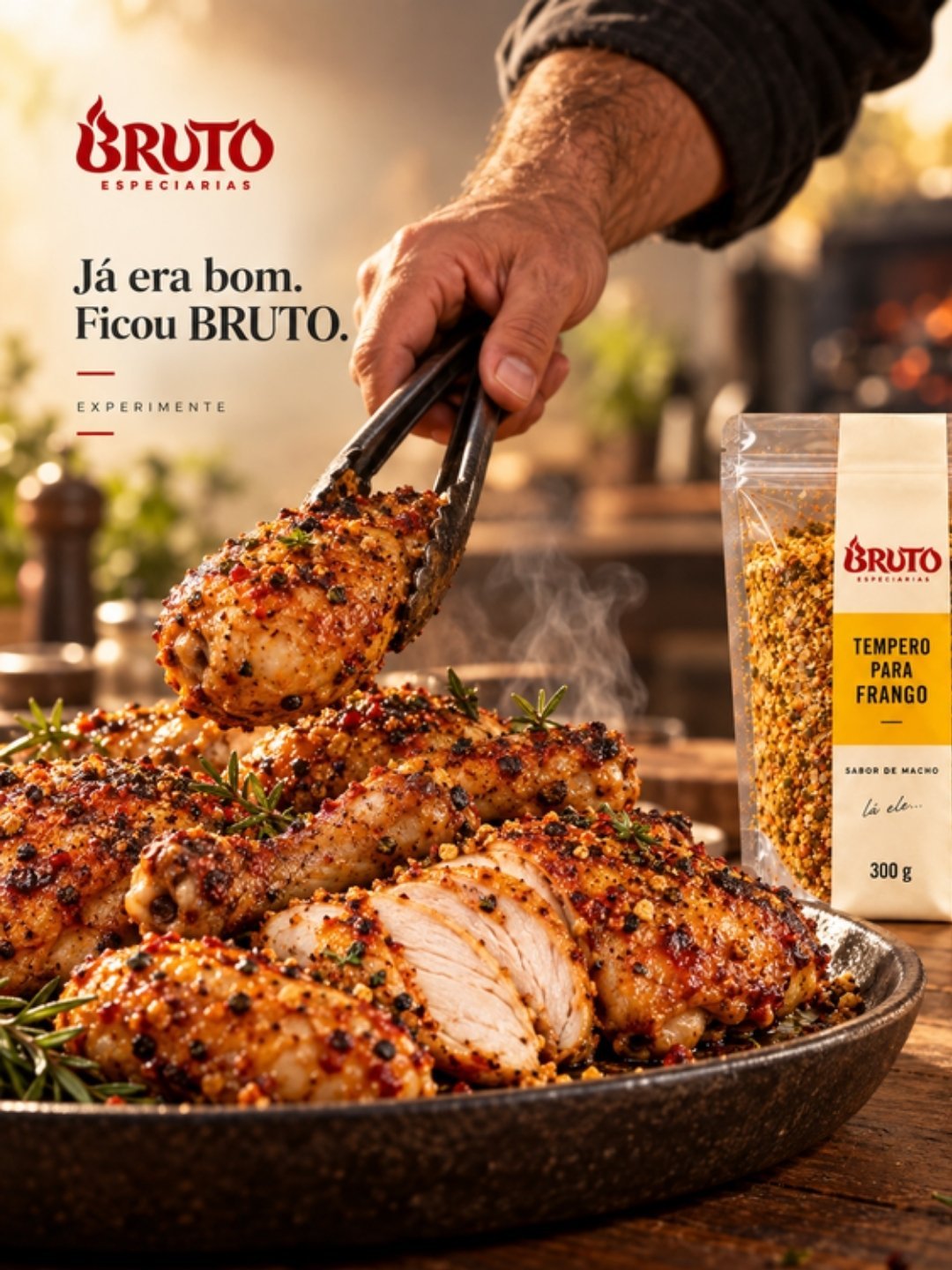 Frango assado temperado com Bruto saindo do forno