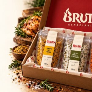 Kit Bruto com três temperos de 100 g na caixa vermelha